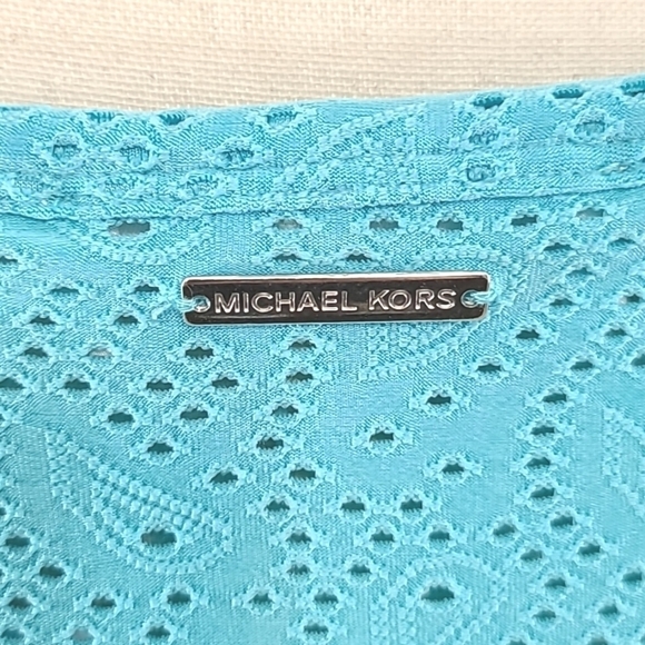 *NWT* MICHAEL MICHAEL KORS Turquoise/Light Blue Cold Shoulder Ruffle Top, size S - Picture 6 of 8